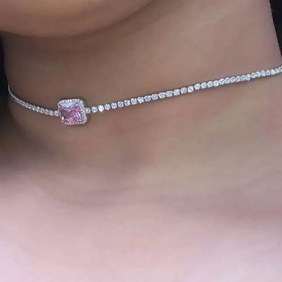 NEW! Dainty 18K White Gold Pink Sapphire Tennis Chain Choker - Picture 7 of 12